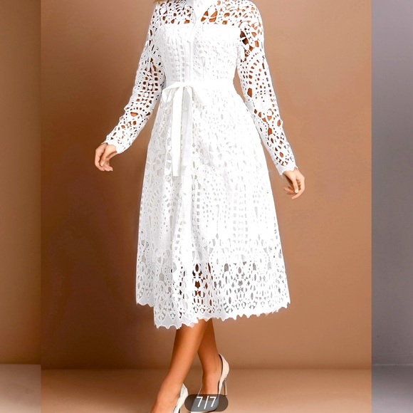 Dresses & Skirts - Lace White Stand Collar Long Sleeve Dress Without Belt